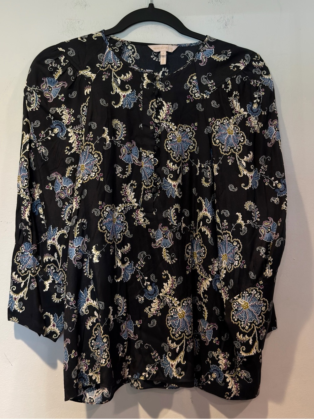 Rebecca Taylor Paisley Silk-Blend Printed Long-Sleeve Blouse in Black and Blue